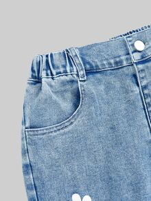 SHEIN Girls' Jeans Fall/Autumn Winter Cotton Washed Versatile Fashion Casual Floral Bow All-Season Wear Vacation Back To School Blue Washed Flare Leg Denim - Medium Wash - View 5