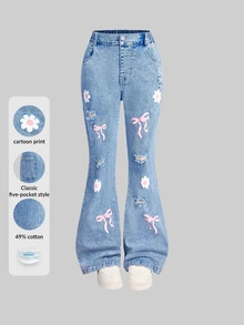 SHEIN Girls' Jeans Fall/Autumn Winter Cotton Washed Versatile Fashion Casual Floral Bow All-Season Wear Vacation Back To School Blue Washed Flare Leg Denim - Medium Wash - View 3