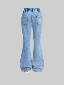 SHEIN Girls' Jeans Fall/Autumn Winter Cotton Washed Versatile Fashion Casual Floral Bow All-Season Wear Vacation Back To School Blue Washed Flare Leg Denim - Medium Wash - View 2
