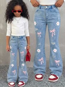 SHEIN Girls' Jeans Fall/Autumn Winter Cotton Washed Versatile Fashion Casual Floral Bow All-Season Wear Vacation Back To School Blue Washed Flare Leg Denim - Medium Wash - View 7