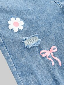 SHEIN Girls' Jeans Fall/Autumn Winter Cotton Washed Versatile Fashion Casual Floral Bow All-Season Wear Vacation Back To School Blue Washed Flare Leg Denim - Medium Wash - View 4
