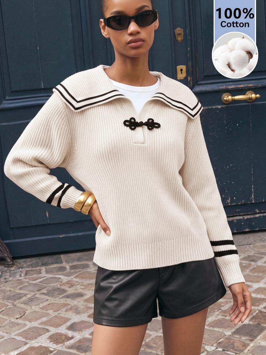 Maija Randig långärmad tröja för kvinnor med sjömanskrage och knappdesign, utgångs- och kontorsoutfits, arbetskläder för kvinnor, höstkläder - Aprikos - Visa 1