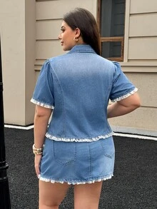 SHEIN EZwear Plus Size Women's Spring/Summer Ruffle Trim Single-Breasted Short Sleeve Casual Denim Blouse - Medium Wash - View 2