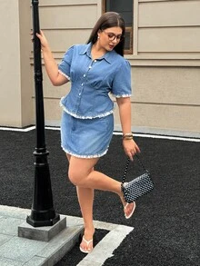 SHEIN EZwear Plus Size Women's Spring/Summer Ruffle Trim Single-Breasted Short Sleeve Casual Denim Blouse - Medium Wash - View 5