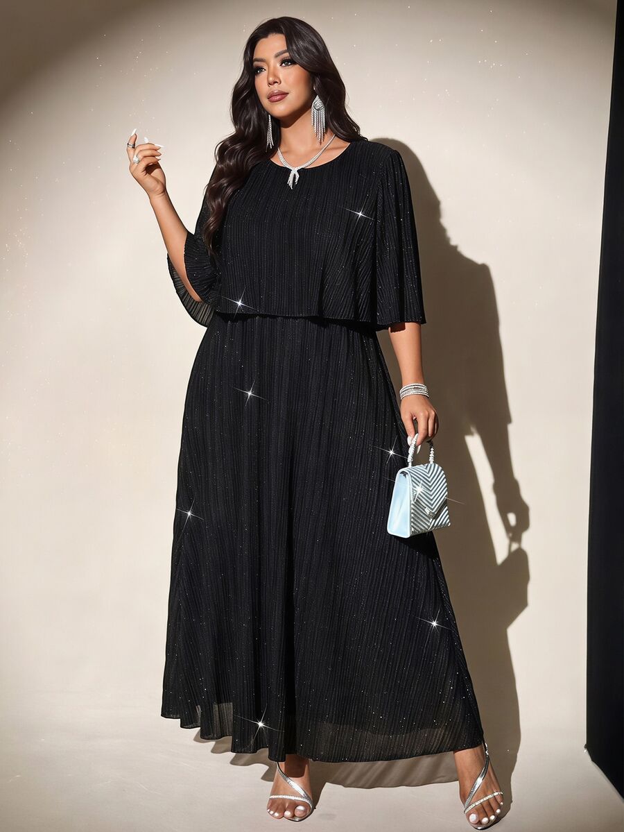Reflora Plus Size Women's Summer Dress Elegant Pleated Chiffon Semi-Sheer Long Flowy Pretty Dress Christmas - Black - View 1