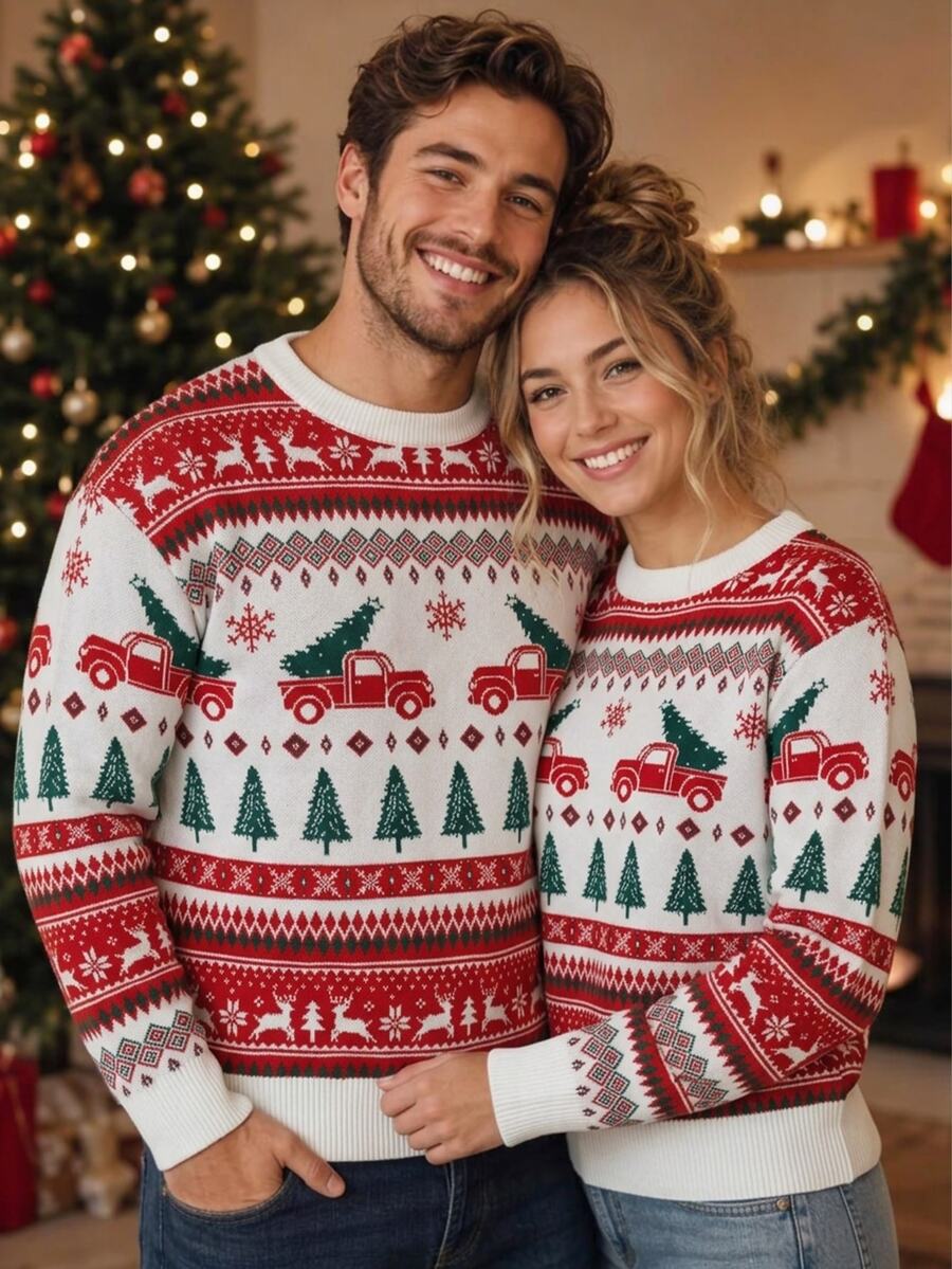 Manfinity Homme Men's Autumn/Winter Pullover Sweater, Dropped Shoulder Long Sleeve Crew Neck Knit Sweater With Christmas Elements, Fitted Fit - Multicolor - View 1