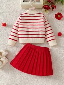 SHEIN كارديجان محبوك يدويًا بفيونكة للبنات الصغيرات، طقم مخطط باللونين الأزرق والأبيض بأسلوب حلو، تطريز تفاحة لطيف، قماش ناعم ومريح، مناسب للارتداء كطبقة داخلية وخارجية، للخروجات العادية والمناسبات المتعددة - الأحمر - مشاهدة 2