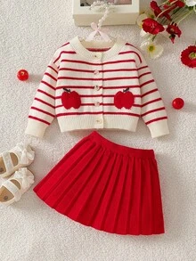 SHEIN كارديجان محبوك يدويًا بفيونكة للبنات الصغيرات، طقم مخطط باللونين الأزرق والأبيض بأسلوب حلو، تطريز تفاحة لطيف، قماش ناعم ومريح، مناسب للارتداء كطبقة داخلية وخارجية، للخروجات العادية والمناسبات المتعددة - الأحمر - مشاهدة 1
