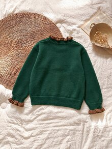 SHEIN كنزة صوفية للأطفال، خضراء بأكمام طويلة وياقة دائرية محبوكة مع تطريز زهري وحافة مكشكشة - أخضر داكن - مشاهدة 7