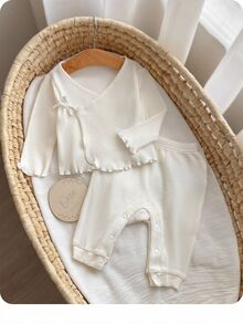 SHEIN Newborn Baby Girls' Solid Color Casual Comfortable Tie-Front Long Sleeve Top And Pants Knit Set Neutral - Beige - View 7