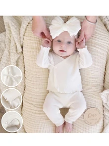 SHEIN Newborn Baby Girls' Solid Color Casual Comfortable Tie-Front Long Sleeve Top And Pants Knit Set Neutral - Beige - View 1