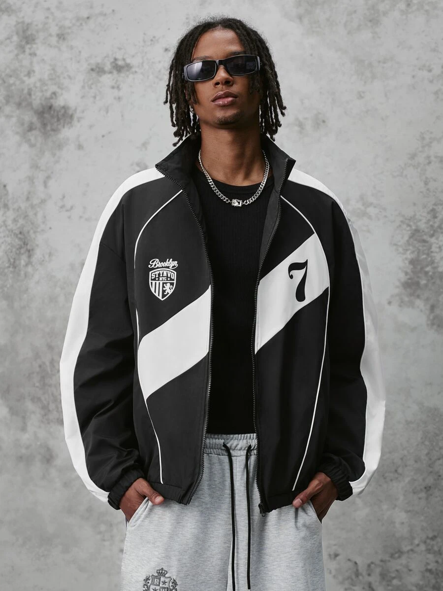 Manfinity Hypemode Men's Digital Pattern Patchwork Zipper Casual Streetwear Daily Date Night Holiday Vacation Back-To-School Jacket Black And White Autumn - Black - View 1