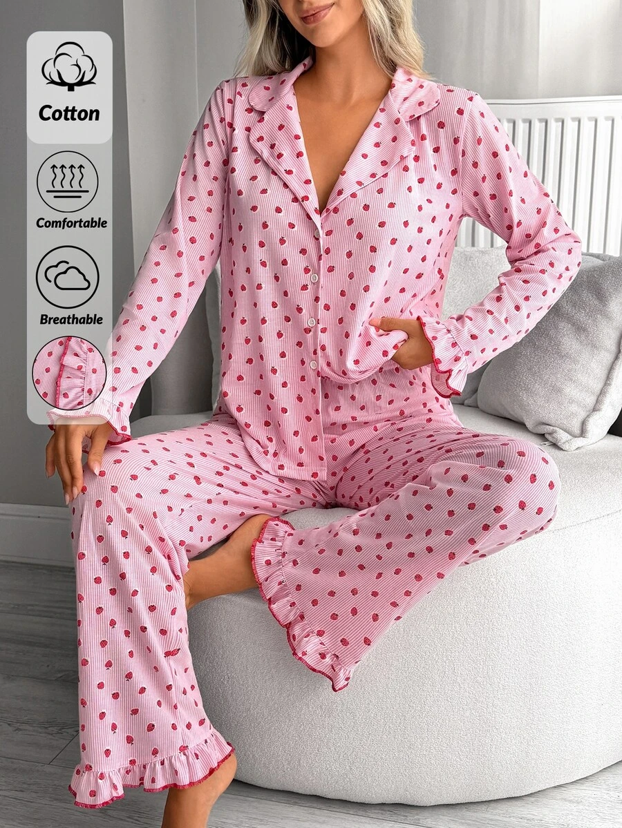 SHEIN Minimalist Cute Fairy Button Front Loungewear Pajama Set Soft Two Pieces Long Sleeve Top Wide Leg Pants Home Sleep Pink And Red - Pink - View 1
