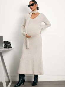 MaterniWear Autumn/Winter Elegant Solid Color Mermaid Knit Dress Winter Outfit For Women - Apricot - View 8