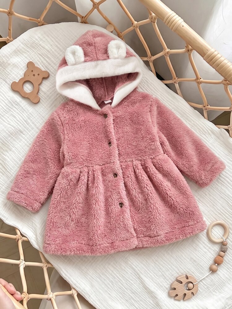 SHEIN 1pc Baby Girls Fuzzy Jacket Cute Sweet Princess Pink 3D Bear Ears Pleated Hem Plush Long Sleeve Hooded Thick Winter Fall Holiday Burgundy - Pink - View 5