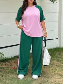 Muchica 2pcs/Set Plus Size Women Casual Color Block Short Sleeve T-Shirt And Wide Leg Pants Back-To-School Bussines Work Gym Pink Emerald Green Summer - Multicolor - View 4