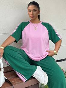 Muchica 2pcs/Set Plus Size Women Casual Color Block Short Sleeve T-Shirt And Wide Leg Pants Back-To-School Bussines Work Gym Pink Emerald Green Summer - Multicolor - View 7