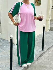 Muchica 2pcs/Set Plus Size Women Casual Color Block Short Sleeve T-Shirt And Wide Leg Pants Back-To-School Bussines Work Gym Pink Emerald Green Summer - Multicolor - View 3