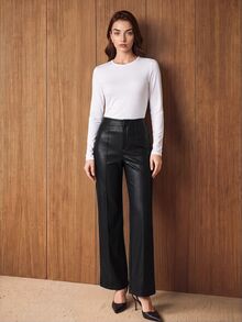 Lost Ink Black Leather Look High Waist Flared Leg Pants With Front Seam Detail - Black - View 6