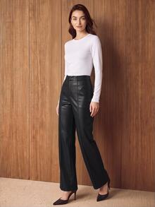 Lost Ink Black Leather Look High Waist Flared Leg Pants With Front Seam Detail - Black - View 4
