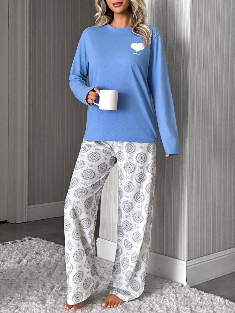 SHEIN "Rise & Shine" Sun Graphic Short Sleeve Tee & All Over Floral Print Drawstring Waist Wide Leg Sleep - Baby Blue - View 6