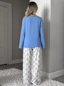 SHEIN "Rise & Shine" Sun Graphic Short Sleeve Tee & All Over Floral Print Drawstring Waist Wide Leg Sleep - Baby Blue - View 2