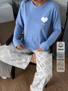 SHEIN "Rise & Shine" Sun Graphic Short Sleeve Tee & All Over Floral Print Drawstring Waist Wide Leg Sleep - Baby Blue - View 1