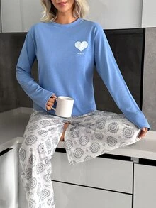 SHEIN "Rise & Shine" Sun Graphic Short Sleeve Tee & All Over Floral Print Drawstring Waist Wide Leg Sleep - Baby Blue - View 4