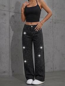SHEIN EZwear 女款休閒街頭風迪斯可水洗水鑽裝飾牛仔褲 秋季教師褲 夜店舞會派對 全黑 - 黑色 - 查看 6