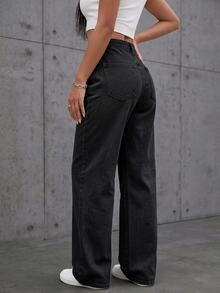 SHEIN EZwear 女款休閒街頭風迪斯可水洗水鑽裝飾牛仔褲 秋季教師褲 夜店舞會派對 全黑 - 黑色 - 查看 3