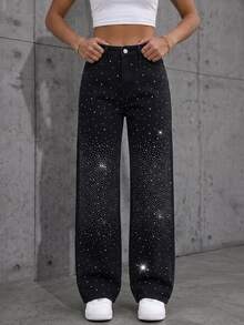 SHEIN EZwear 女款休閒街頭風迪斯可水洗水鑽裝飾牛仔褲 秋季教師褲 夜店舞會派對 全黑 - 黑色 - 查看 5