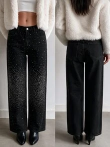 SHEIN EZwear 女款休閒街頭風迪斯可水洗水鑽裝飾牛仔褲 秋季教師褲 夜店舞會派對 全黑 - 黑色 - 查看 1