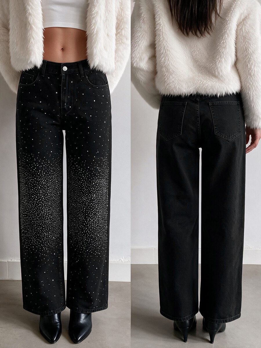 SHEIN EZwear 女款休閒街頭風迪斯可水洗水鑽裝飾牛仔褲 秋季教師褲 夜店舞會派對 全黑 - 黑色 - 查看 1