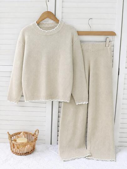 SHEIN 2pcs Set Tween Girl Sweater Outfit, Simple Versatile Round Neck White Trim Pullover Sweater Paired With Black Straight Leg Wide Leg Long Pants, Regular Thickness, Neat Hem, Soft Skin-Friendly Texture, Delicate Feel, Looks Great Worn Separately, Suitable For Daily Wear, School, Shopping, Outdoor Activities And Other Occasions, Autumn/Winter Outfit