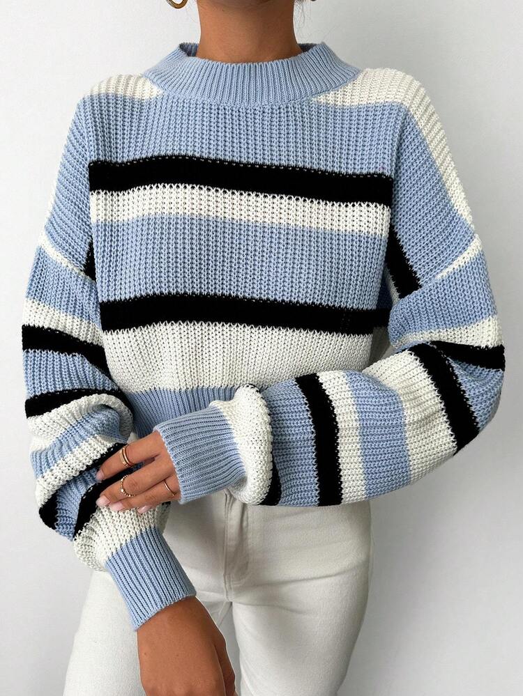 EURMUSE Striped Pattern Drop Shoulder Sweater - Blue - View 4