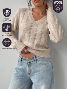 SHEIN BASICS Regular Fit Long Sleeve V-Neck Knit Top - Light Grey - View 2
