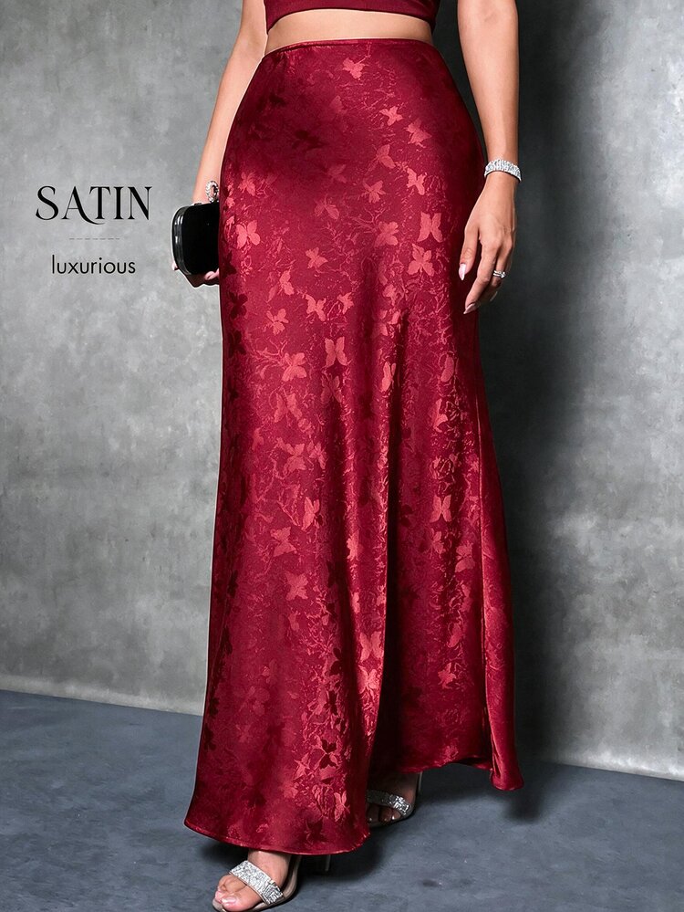 Glamine Women's Jacquard Mermaid Style Long Skirt, Satin Mid-Length Skirt, Elegant Long Skirt, Suitable For Women's Party, Daily Wear, Black Mid-Length Skirt - Burgundy - View 4