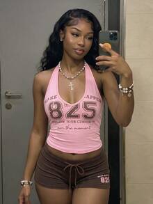 Fiercella Fiercella 女款春夏兩件套 粉色與棕色細肩帶字母印花背心與短褲 性感 Y2K 2000s 風格 健身居家運動套裝 - 粉色 - 查看 3