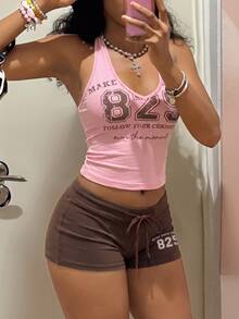 Fiercella Fiercella 女款春夏兩件套 粉色與棕色細肩帶字母印花背心與短褲 性感 Y2K 2000s 風格 健身居家運動套裝 - 粉色 - 查看 6
