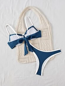 SHEIN Swim 女款對比飾邊泳衣套裝，適合海灘與度假，夏季海邊假期穿著 - 彩色 - 查看 3