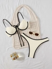 SHEIN Swim 女士撞色饰边扭纹前比基尼套装 - 米色 - 查看 2