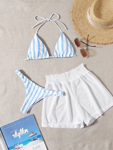 SHEIN Swim Summer Beach Striped Triangle Bikini Set & Mesh Shorts - Blue and White - View 1