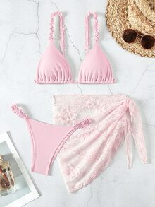 SHEIN Swim Summer Beach Women's Solid Color Frilled Sexy Bikini Set For Vacation, Matching With Lace Skirt - Pink - View 1