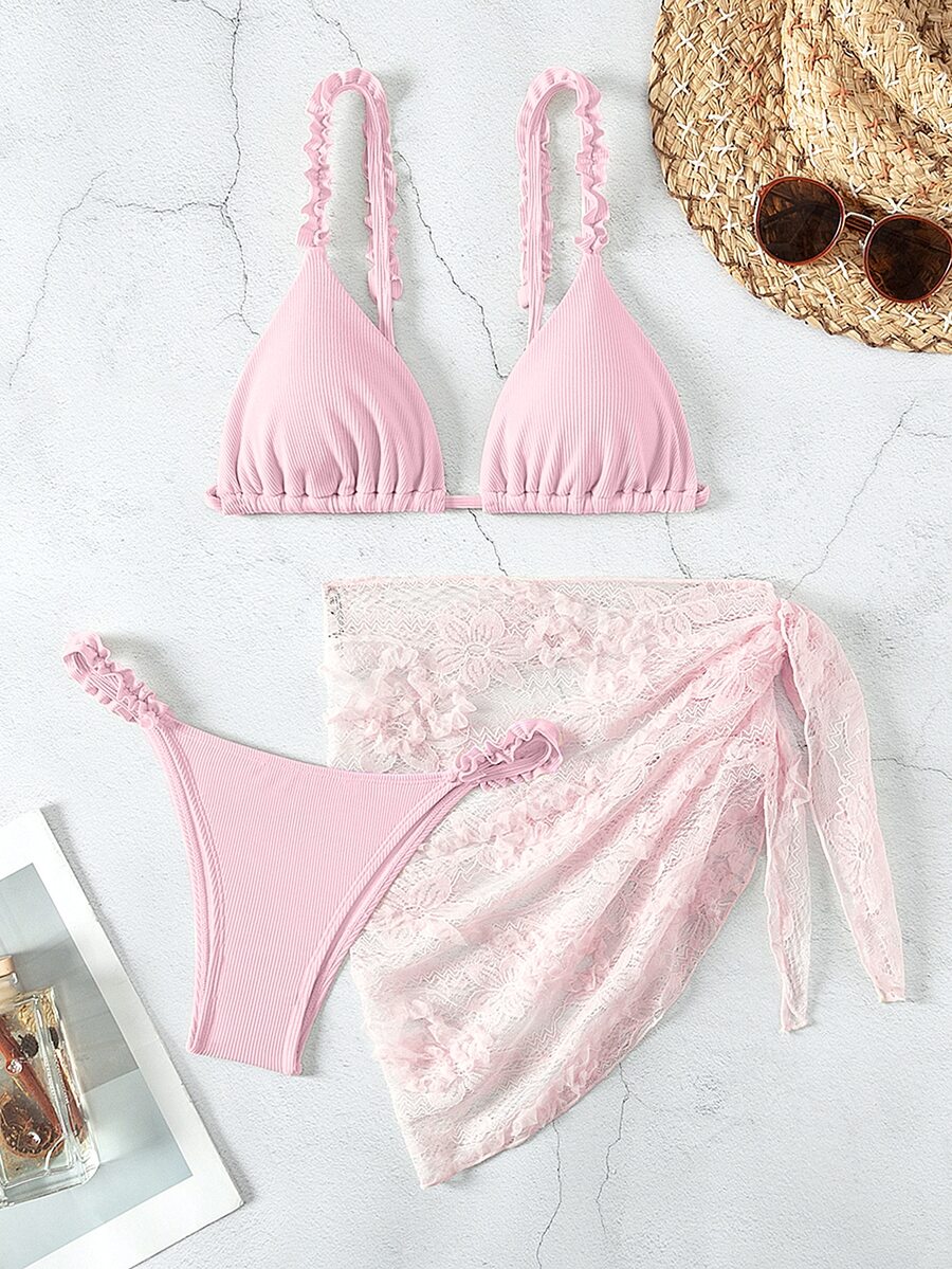 SHEIN Swim Summer Beach Women's Solid Color Frilled Sexy Bikini Set For Vacation, Matching With Lace Skirt - Pink - View 1