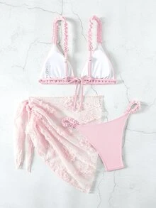 SHEIN Swim Summer Beach Women's Solid Color Frilled Sexy Bikini Set For Vacation, Matching With Lace Skirt - Pink - View 2