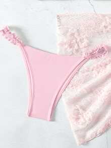 SHEIN Swim Summer Beach Women's Solid Color Frilled Sexy Bikini Set For Vacation, Matching With Lace Skirt - Pink - View 5