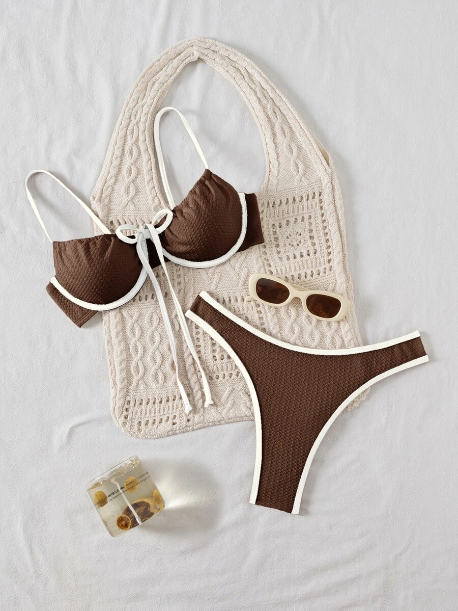 SHEIN Swim Women's Vacation Beach Contrast Trim Swimwear Set For Summer