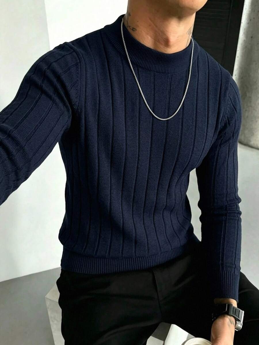 Manfinity Homme Men's Versatile Daily Wear Long Sleeve Sweater, Ins Style, Glamorous Party, Street Mature, Loose Fit Sweater Black Autumn, Formal, Old Money - Navy Blue - View 1
