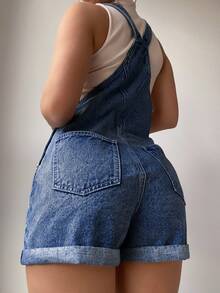 SHEIN EZwear 女款休閒百搭日常牛仔吊帶短褲附口袋 - 深色水洗藍 - 查看 5