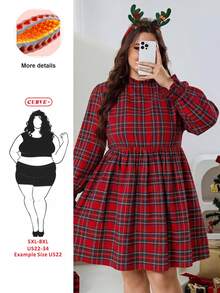 SHEIN CURVE+ فستان كاجوال للنساء بمقاس كبير بنقشة مربعات وأكمام بكشكشة ومرونة عالية لعيد الميلاد - الأسود - مشاهدة 1